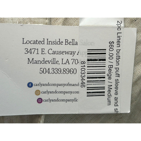 Luxxel Top Size Medium Beige Linen Rayon Button Puff Sleeve Cropped Bohemian - Picture 7 of 12